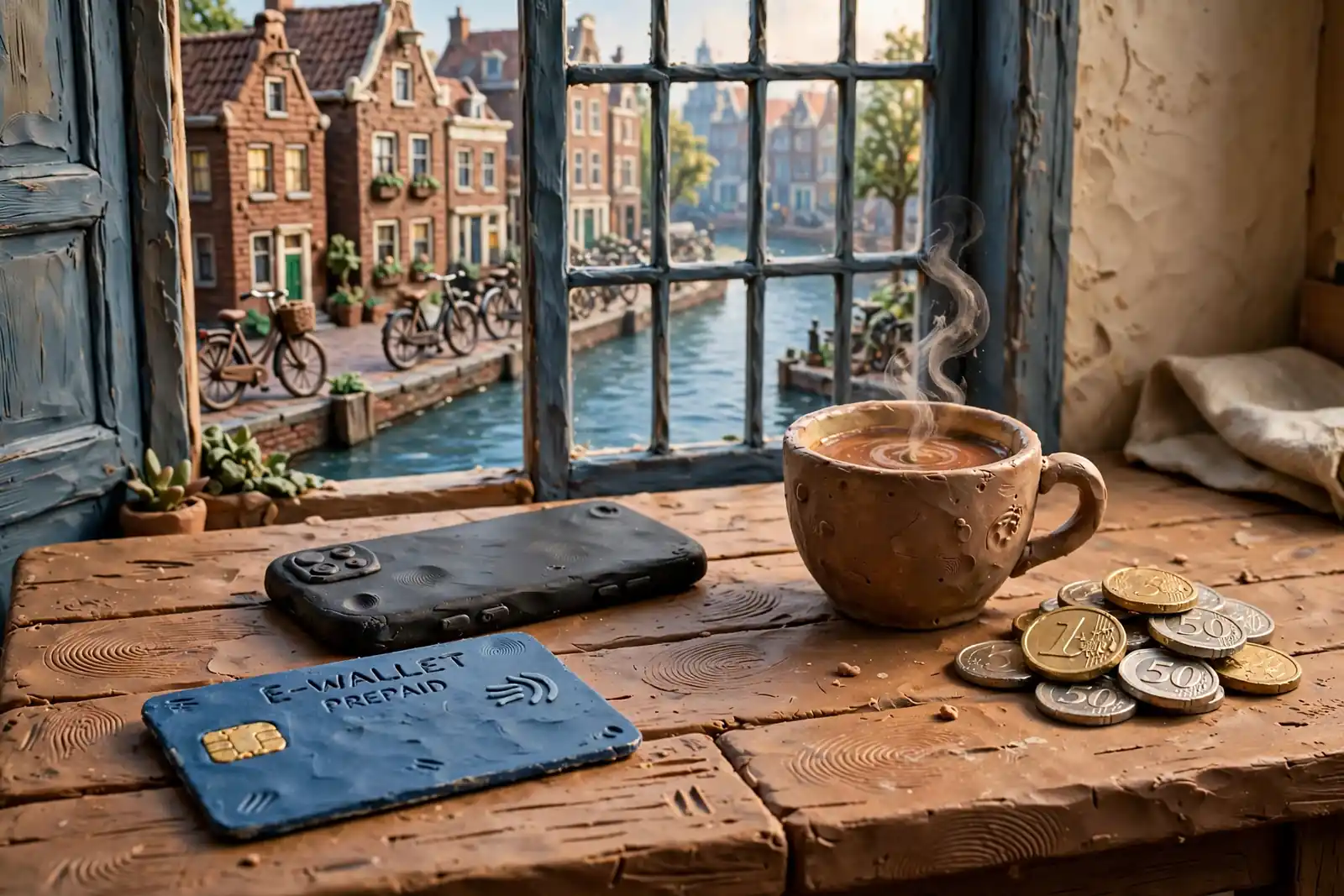 E-wallet prepaidkaart op houten tafel met smartphone, koffie en euromunten, uitzicht op Amsterdamse grachten