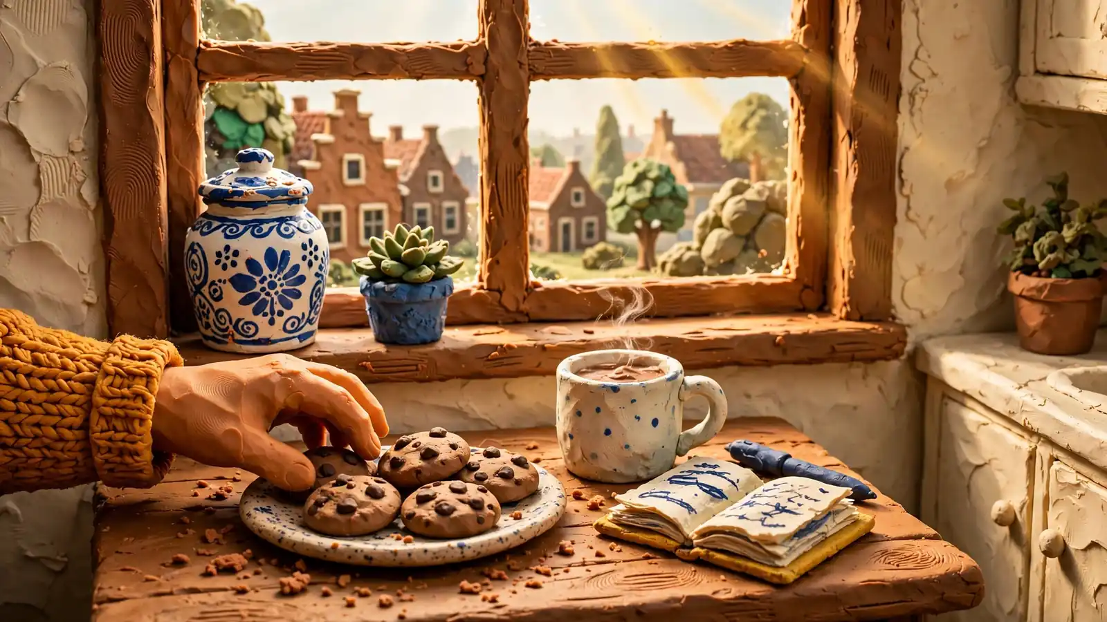 Versgebakken chocoladekoekjes op een houten keukentafel met een mok koffie.