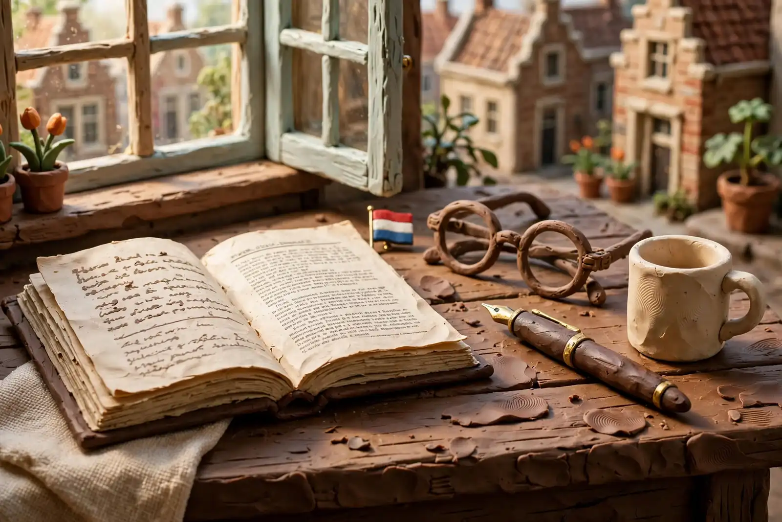Een open boek op een bureau met een document en leesbril
