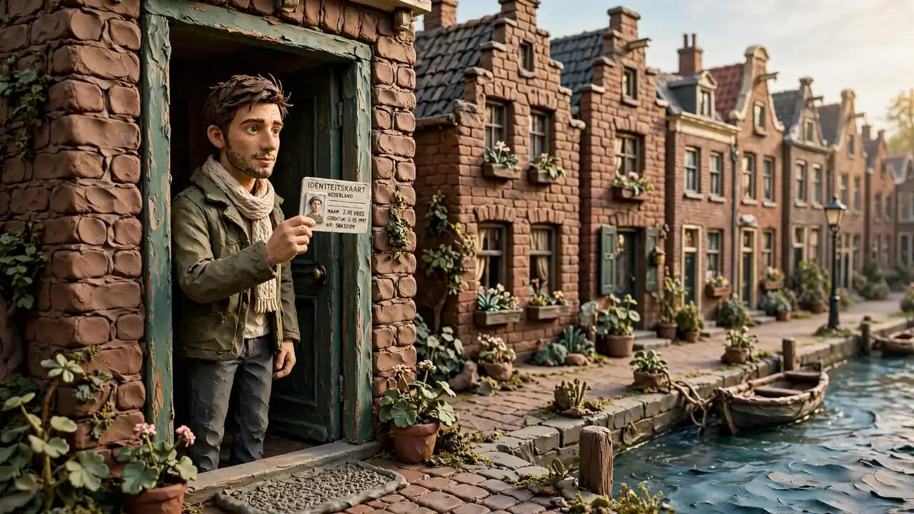 Persoon toont identiteitskaart bij een deur in een Nederlandse straat.