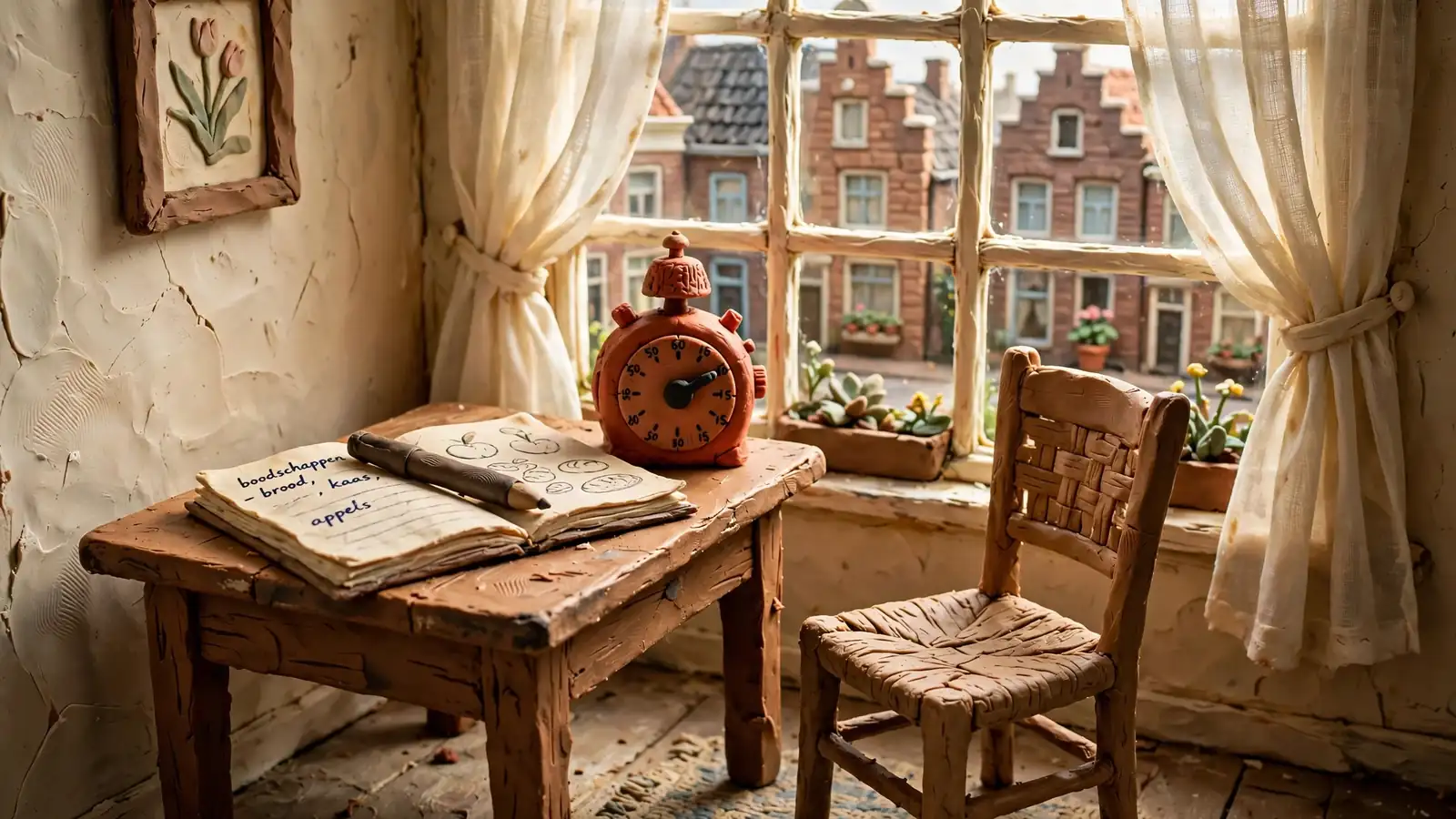 Notitieboek en timer op een tafel bij een raam.
