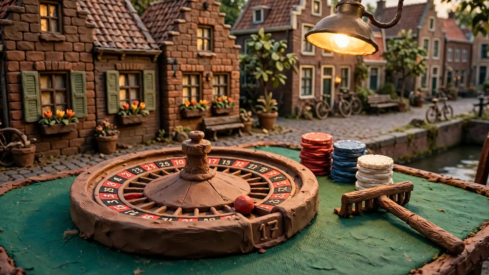 Roulettewiel met stilliggende kogel en fiches op een groene tafel.