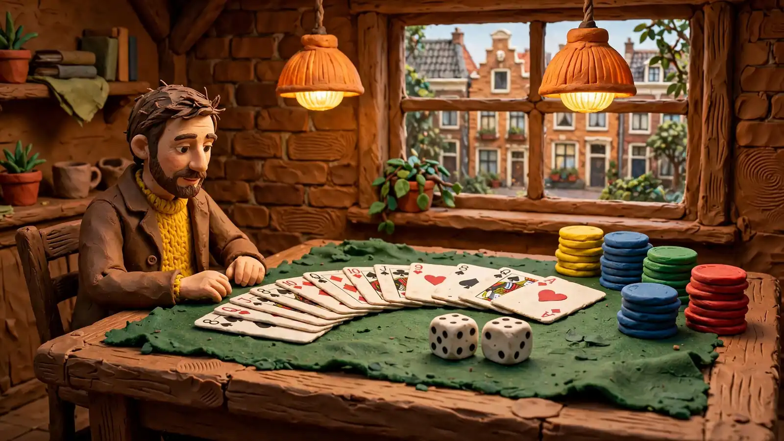 Kaarten, dobbelstenen en fiches gerangschikt op een speeltafel.