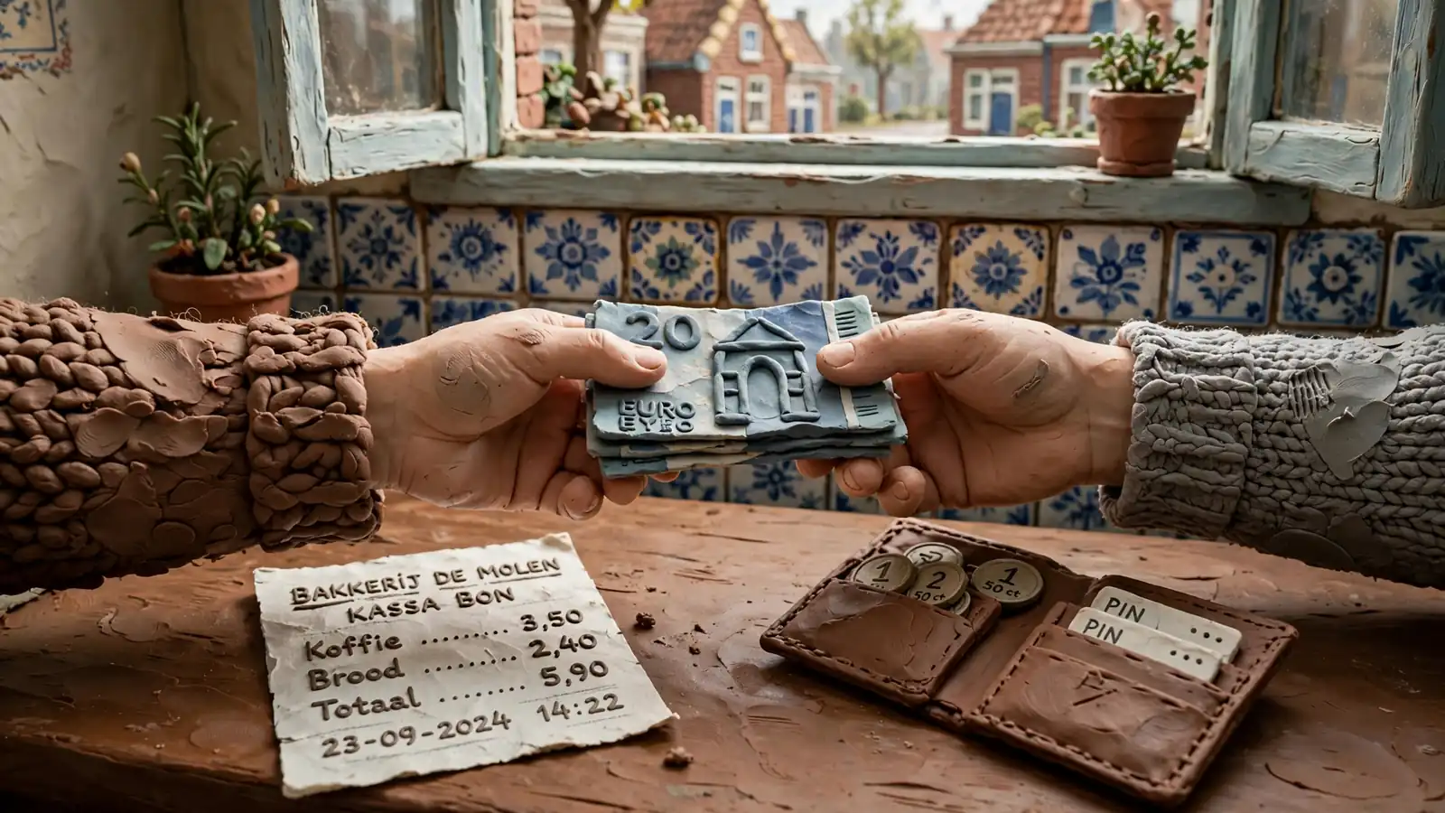 Ruilen van eurobiljetten aan een balie met een bon.