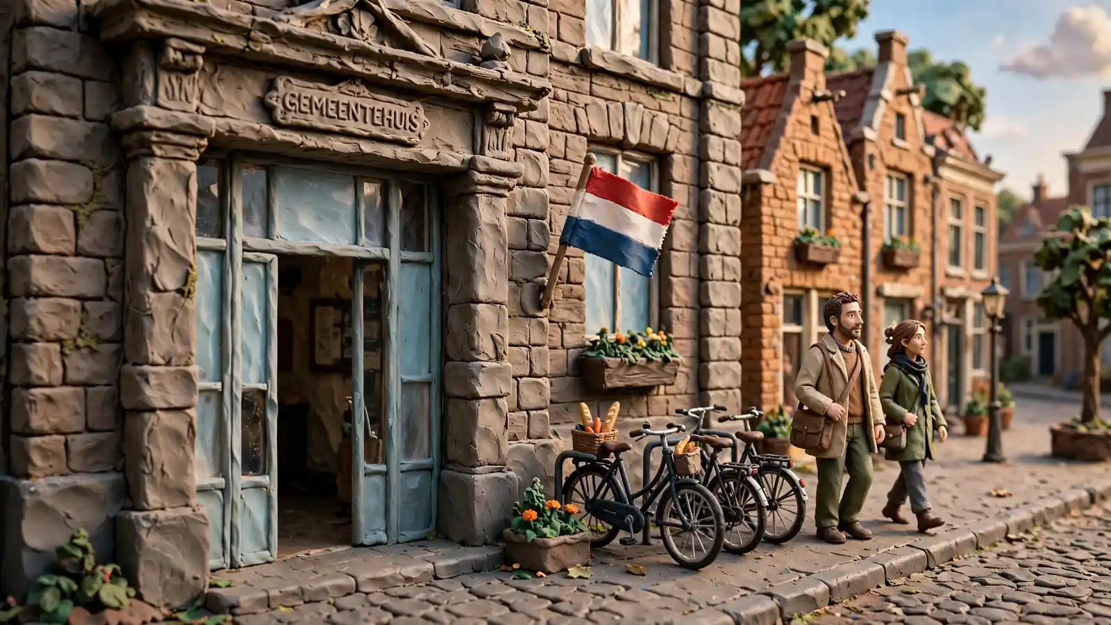 Ingang van een overheidsgebouw met vlag en fietsen.