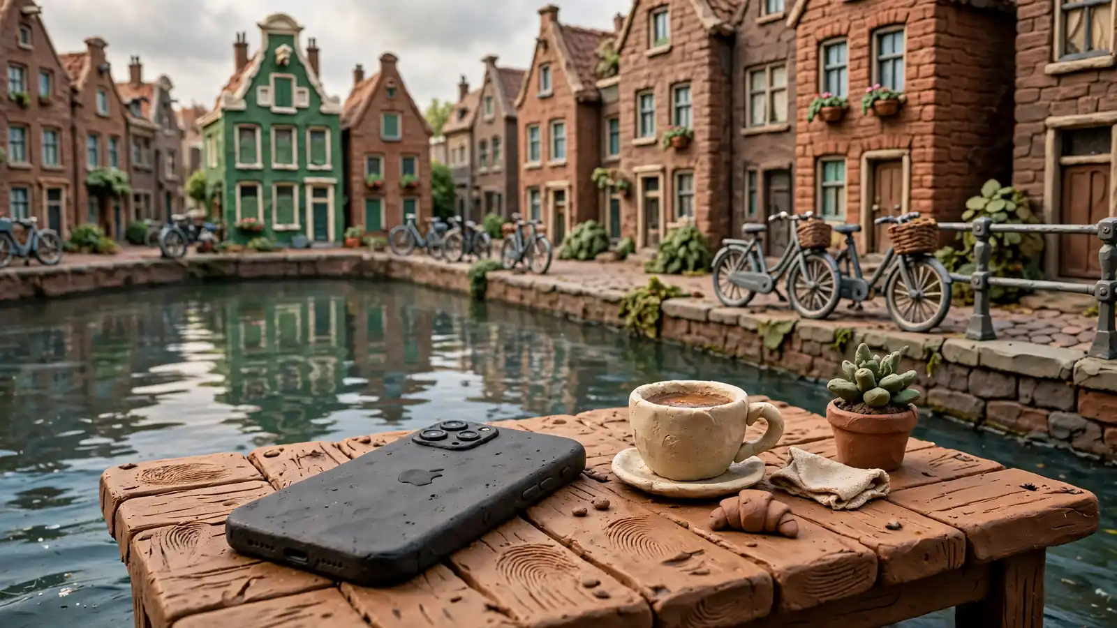 iPhone op een houten tafel aan een Amsterdamse gracht met fietsen