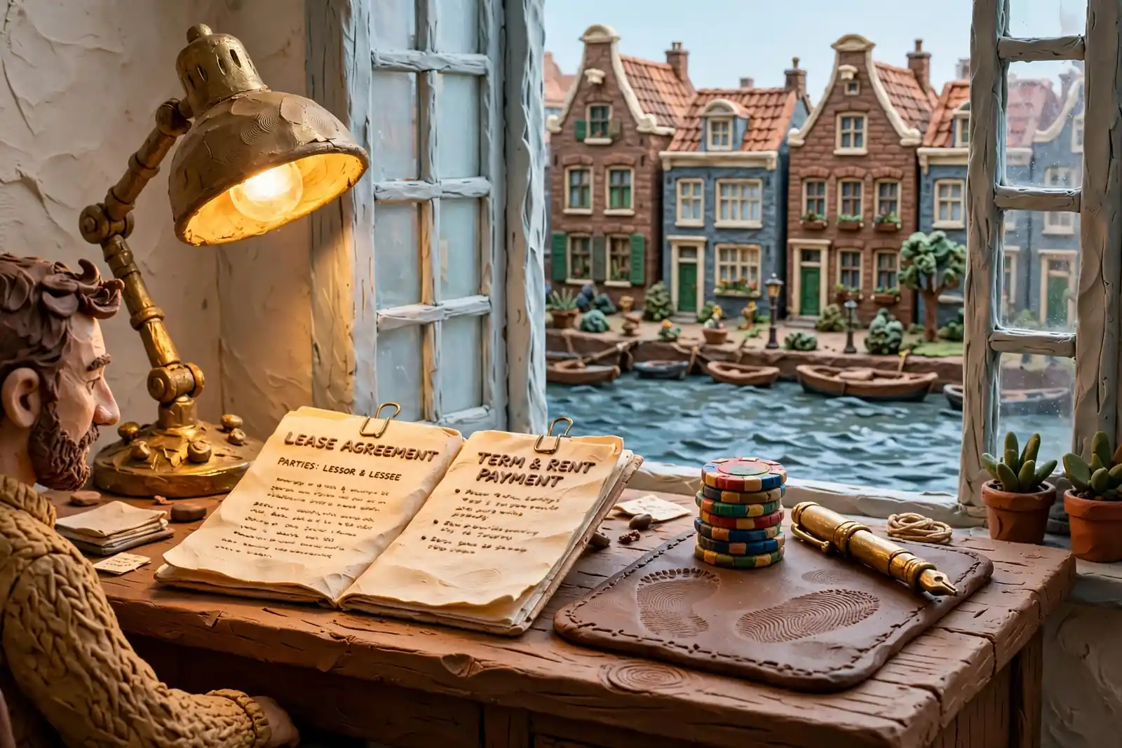 Houten bureau met juridische mappen bij een raam met uitzicht op Amsterdamse grachtenpanden