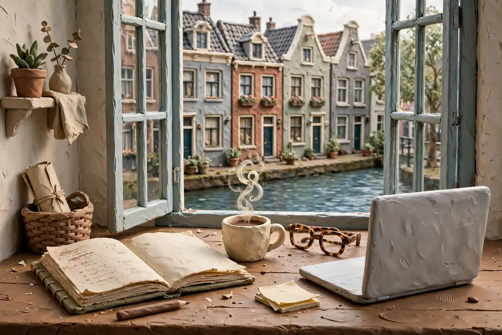 Een rustige redactiewerkplek met notitieboek, koffie en leesbril voor het raam.