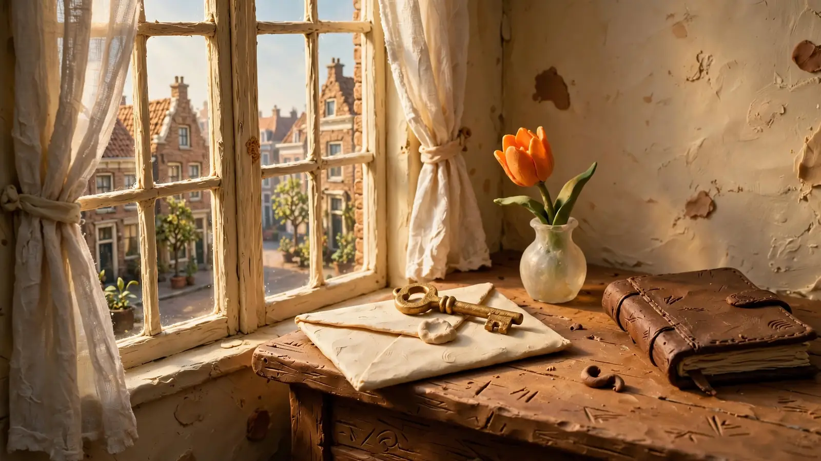 Houten bureau bij een Nederlands raam met sleutel, verzegelde envelop en tulp